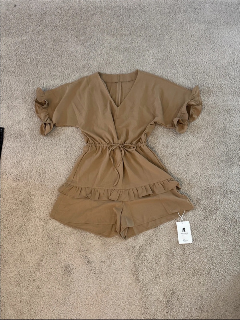 V-Neck Ruffle Waist Tie Romper in Tan